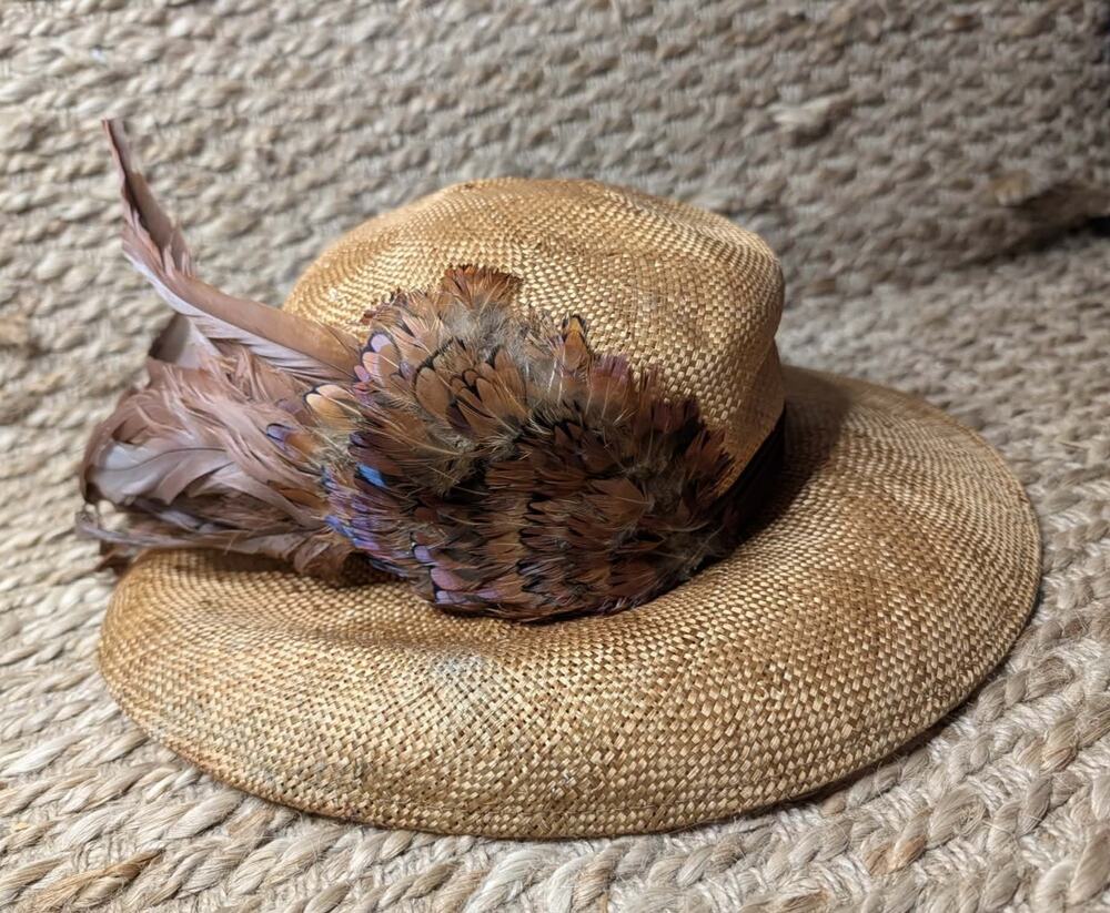 Women's Vintage Miss Bierner Straw Fedora Hat Brown Pheasant Feathers NWT!